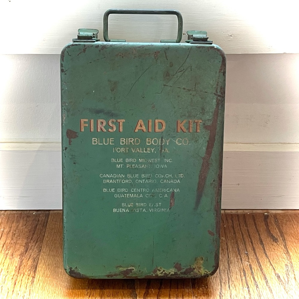 Vintage Blue Bird Body Co. First Aid Kit 1960’s Metal Carried on Blue Bird Buses